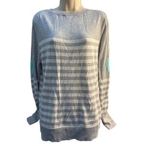 Time And Tru Gray And White Striped Women's Sweater with Teal Hearts On Sleeves